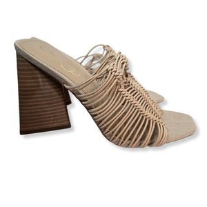 Sam Edelman Laurette block heels mules slip on almond tan nude 4.5 in heels sz 6